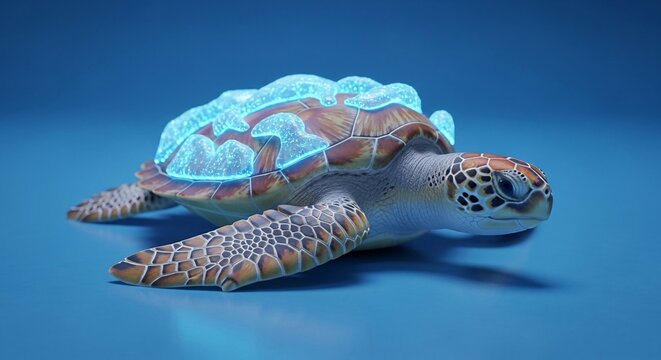 A detailed sea turtle with glowing bioluminescent patterns on its shell swims gracefully in a serene blue ocean environment, showcasing the magic of marine life.