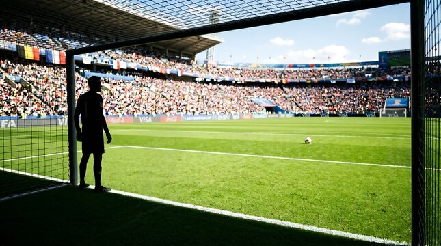 A silhouetted goalkeeper stands in front of a soccer goal, looking out onto a sunlit stadium field with a ball and cheering spectators in the stands.