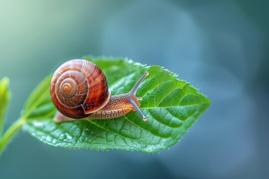 Close up of a snail crawling on a bright green leaf, showcasing its beautiful spiral shell
