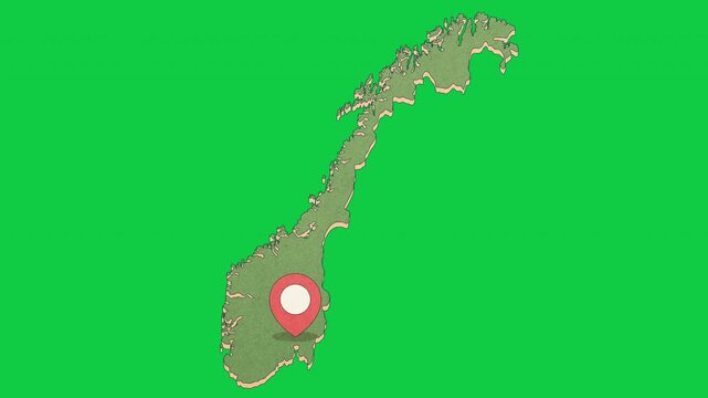 Animated Norway Map with Bouncing Location Marker on Oslo City, Transparent Background, Alpha Channel, 4K resolution