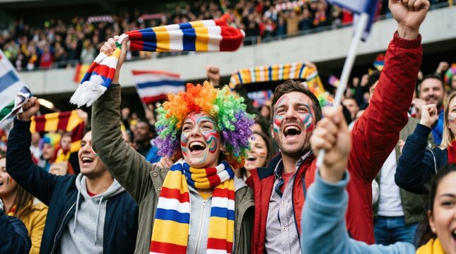 Enthusiastic sports fans wearing colorful wigs and face paint cheering loudly for their favorite team during a sunny outdoor match