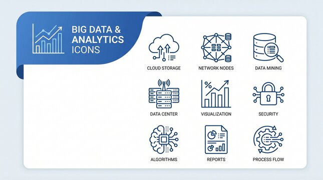 Big data and analytics icons, business intelligence symbols, data visualization graphics, 8 blue line style elements