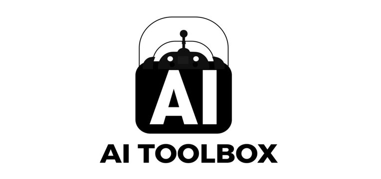 Graphic illustration of AI toolbox with robot face and bold typography on clean background