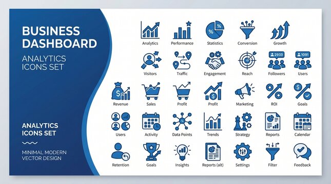 Business dashboard, analytics icons set, blue vector graphics, 25 business icons