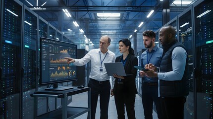 Fototapeta premium Diverse team of IT professionals collaborating and analyzing complex data visualizations on a large monitor in a modern data center server room environment.
