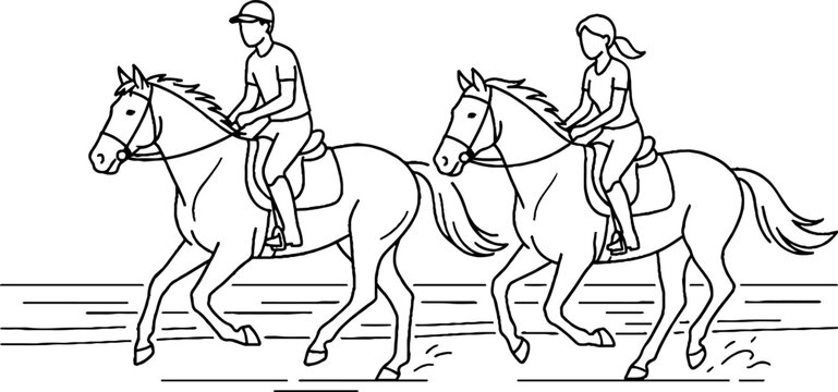 Two riders galloping on horses in motion.
