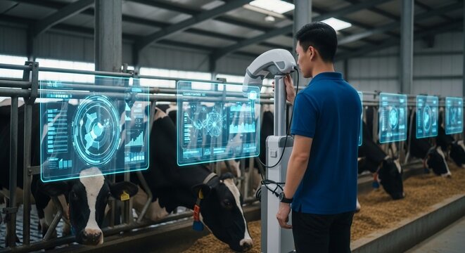 Veterinary technology examining cow health with futuristic digital scanning interface on farm