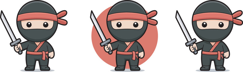 Cute ninja character set, vector illustration featuring adorable cartoon ninjas holding swords with different poses, expressions, and outfits in a playful style ideal for children’s games, stickers, © Dalim