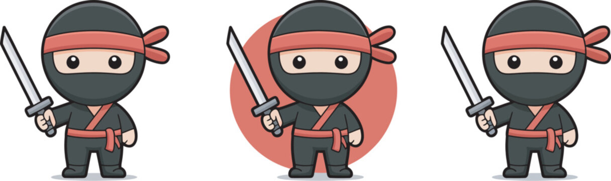 Cute ninja character set, vector illustration featuring adorable cartoon ninjas holding swords with different poses, expressions, and outfits in a playful style ideal for children&rsquo;s games, stickers,