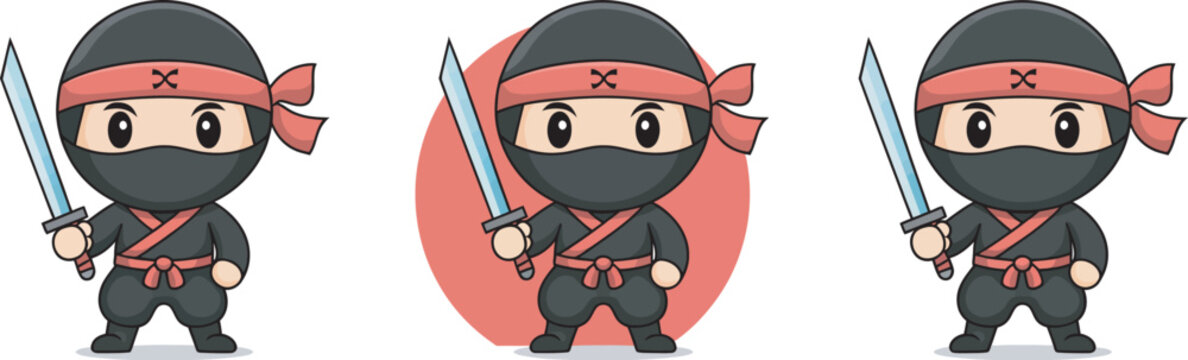 Cartoon ninja warrior collection, vector set showcasing cute ninja characters with swords, martial arts poses, traditional outfits, and fun expressions suitable for gaming graphics, kids&rsquo; illustration