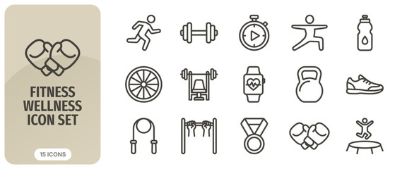 Fototapeta premium Fitness and wellness icon set, thin line style, vector illustration of various sports equipment and activities for healthy lifestyle