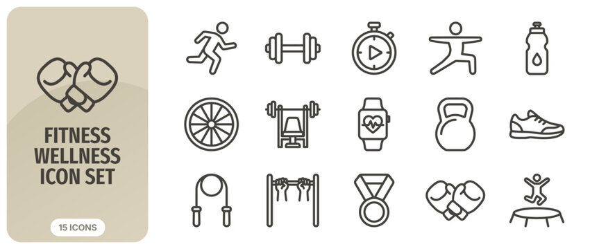 Fitness and wellness icon set, thin line style, vector illustration of various sports equipment and activities for healthy lifestyle