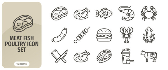 Meat, fish, and poultry icon set collection of thin line icons for butcher shop, seafood restaurant, and protein food products © Abir Creative Studio