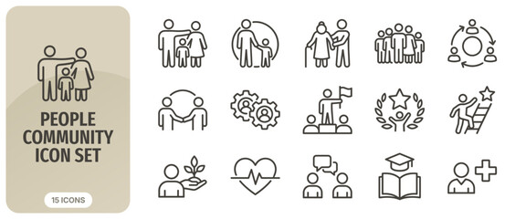 Fototapeta premium People and community icon set, linear style collection of social group, family, teamwork, leadership, education, and healthcare symbols
