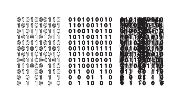 Binary code evolving from distinct digits into a chaotic, abstract barcode pattern across three visual representations