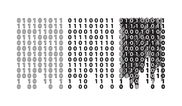 Set of three binary code illustrations, showing outline, solid, and hand-drawn sketch styles with a data corruption effect on the right.