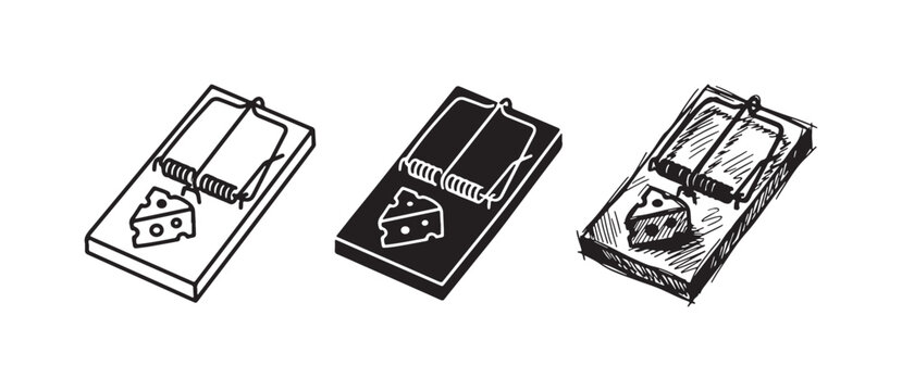 Isometric view of a classic mouse trap with cheese bait, rendered in outline, solid fill, and expressive hand-drawn sketch.