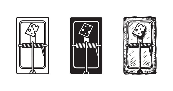 Classic wooden mouse trap with cheese bait in three styles: outline, solid fill, and detailed hand-drawn sketch illustration.