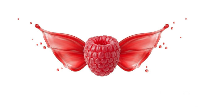 Distant shot of a raspberry with symmetrical red juice wing splash behind it