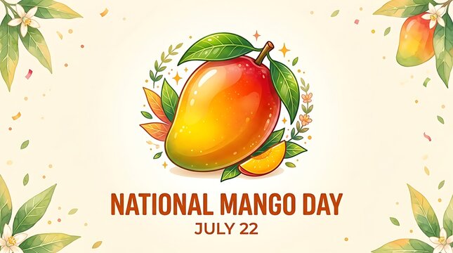 National mango day with ripe mango fruit and tropical leaves july 22
