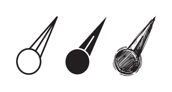 Stylized Comet or Falling Star Icon Set in Outline, Solid Glyph, and Hand-Drawn Sketch Style