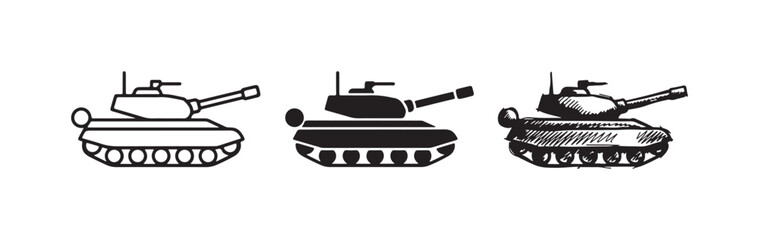 Three main battle tank icons featuring a radar and rear object, depicted in outline, solid, and hand-drawn styles with cannon up © Ірина Гринюк