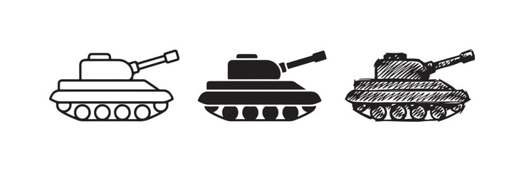 Fototapeta premium Three main battle tank icons in outline, solid, and hand-drawn styles, with the cannon pointing slightly upwards