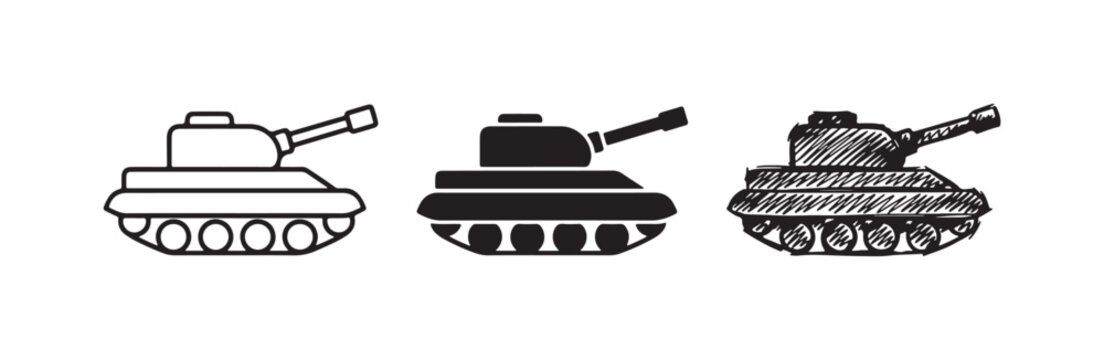 Three main battle tank icons in outline, solid, and hand-drawn styles, with the cannon pointing slightly upwards