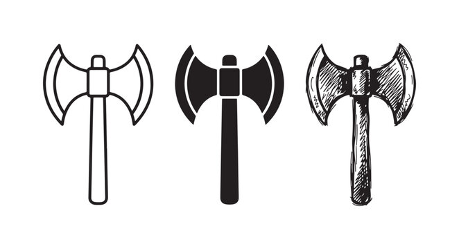 Double-bladed axe icon set in line art, silhouette, and sketch styles, representing a powerful fantasy weapon.