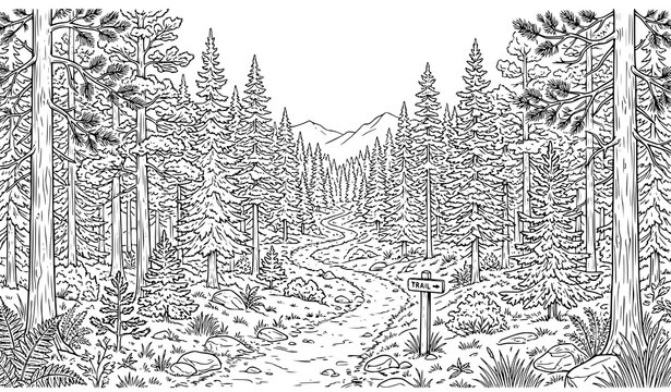 Vector engraving illustration of a panoramic forest hiking trail winding through pine trees toward distant mountains landscape