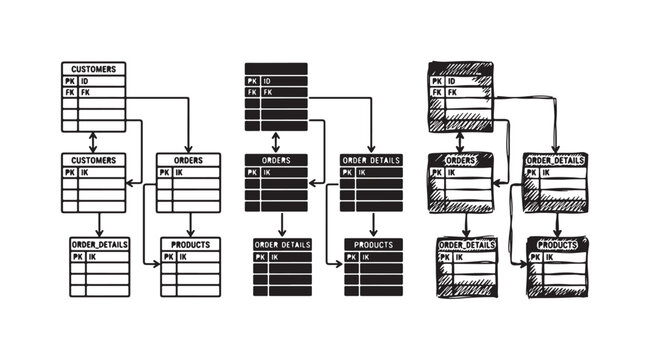 Entity-Relationship Diagram (ERD) with Customers, Orders, Products tables illustrated in outline, solid, and hand-drawn styles.