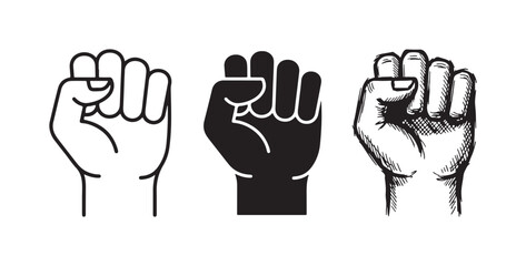 Fototapeta premium Set of three clenched fist icons, symbolizing power, protest, and solidarity in outline, solid, and hand-drawn sketch styles