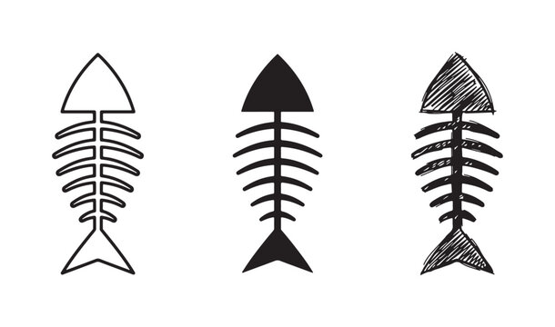 Set of three fish skeleton icons, depicting fishbones in outline, solid, and hand-drawn sketch styles