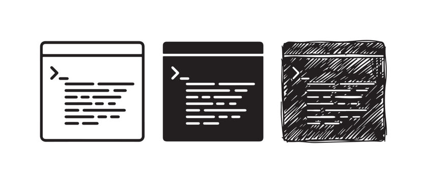 Icons depicting a coding terminal or development environment in three styles