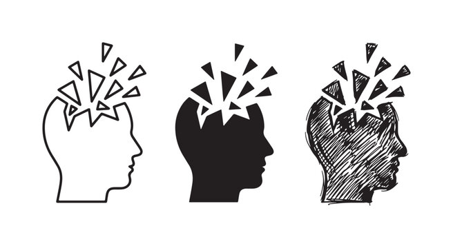 Shattering head profile icons depicting stress or mental breakdown