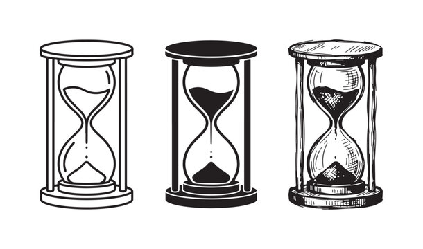 Set of three hourglass illustrations with sand accumulated at the bottom, depicting outline, solid silhouette, and hand-drawn sketch styles for time completion.