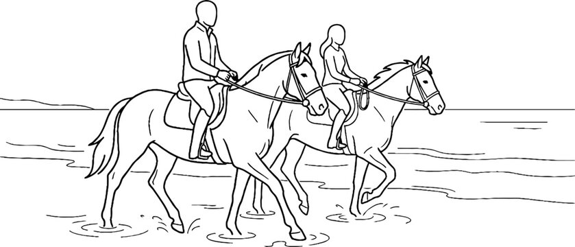 Two riders galloping horses on a beach shore.