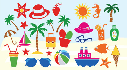 Summer Beach Travel Icons Vector Set, Colorful Tropical Vacation Collection with Palm Trees, Sunglasses, Seashells and Holiday Symbols © Ms Rozi