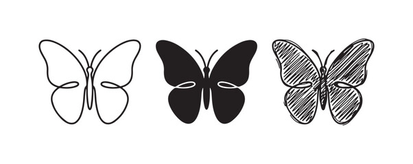 Butterfly icons set in line, glyph, and hand-drawn sketch styles. © Ірина Гринюк