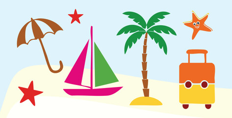 Summer Beach Travel Icons Vector Set, Colorful Tropical Vacation Collection with Palm Trees, Sunglasses, Seashells and Holiday Symbols © Ms Rozi