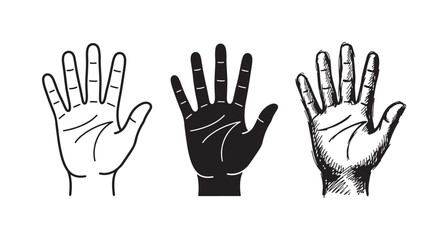 Fototapeta premium Palm Hand with Fortune Lines Icon Set: Outline, Solid Black, and Artistic Sketch