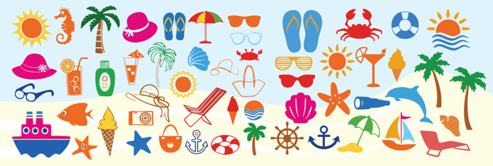 Summer Beach Travel Icons Vector Set, Colorful Tropical Vacation Collection with Palm Trees, Sunglasses, Seashells and Holiday Symbols © Ms Rozi