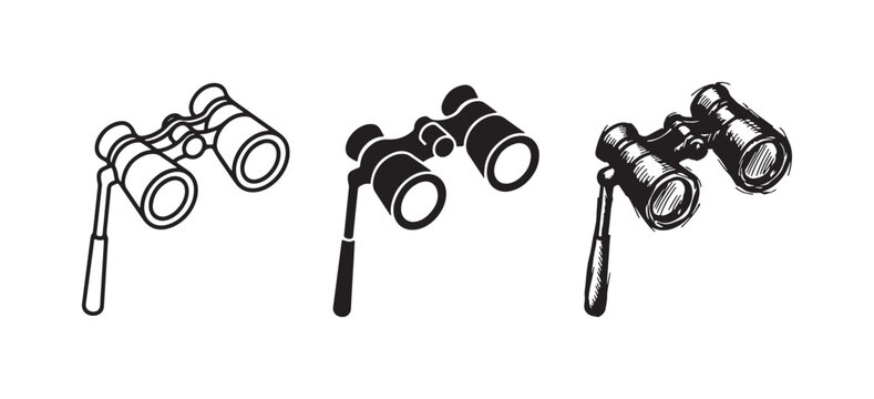 Three styles of vintage opera glasses with a handle: outline, solid black silhouette, and hand-drawn sketch icon.