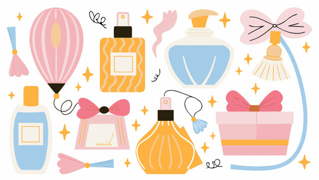 Vibrant perfume bottles and fragrance flacons with bows