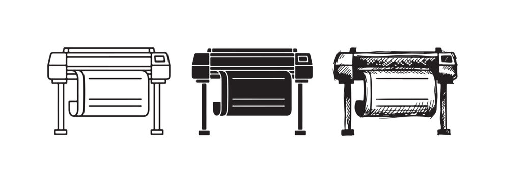 Large format plotter printer icon set in three styles: outline, solid, and hand-drawn sketch, for printing and design.