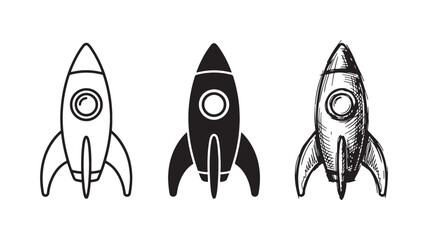 Collection of three rocket icons depicting a vintage-style spacecraft with a round window, in outline, solid fill, and detailed hand-drawn sketch forms. © Ірина Гринюк