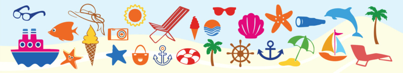Summer Beach Travel Icons Vector Set, Colorful Tropical Vacation Collection with Palm Trees, Sunglasses, Seashells and Holiday Symbols © Ms Rozi