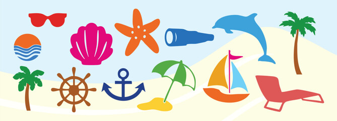 Summer Beach Travel Icons Vector Set, Colorful Tropical Vacation Collection with Palm Trees, Sunglasses, Seashells and Holiday Symbols © Ms Rozi