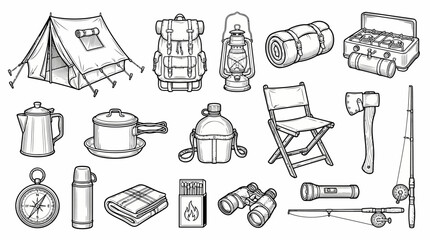 Hand drawn camping equipment icon collection featuring tent, backpack, lantern, flashlight, compass, cooking pot, chair, axe, binoculars, thermos, and survival gear. Outline vector isolated on white b © Udindin