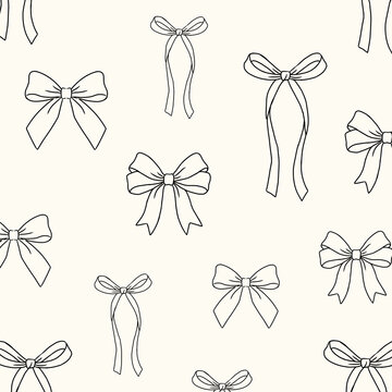 Seamless pattern with hand-drawn bows. Cute ribbon doodles on a light background. Minimalist line art bow illustration for wrapping paper and stationery.